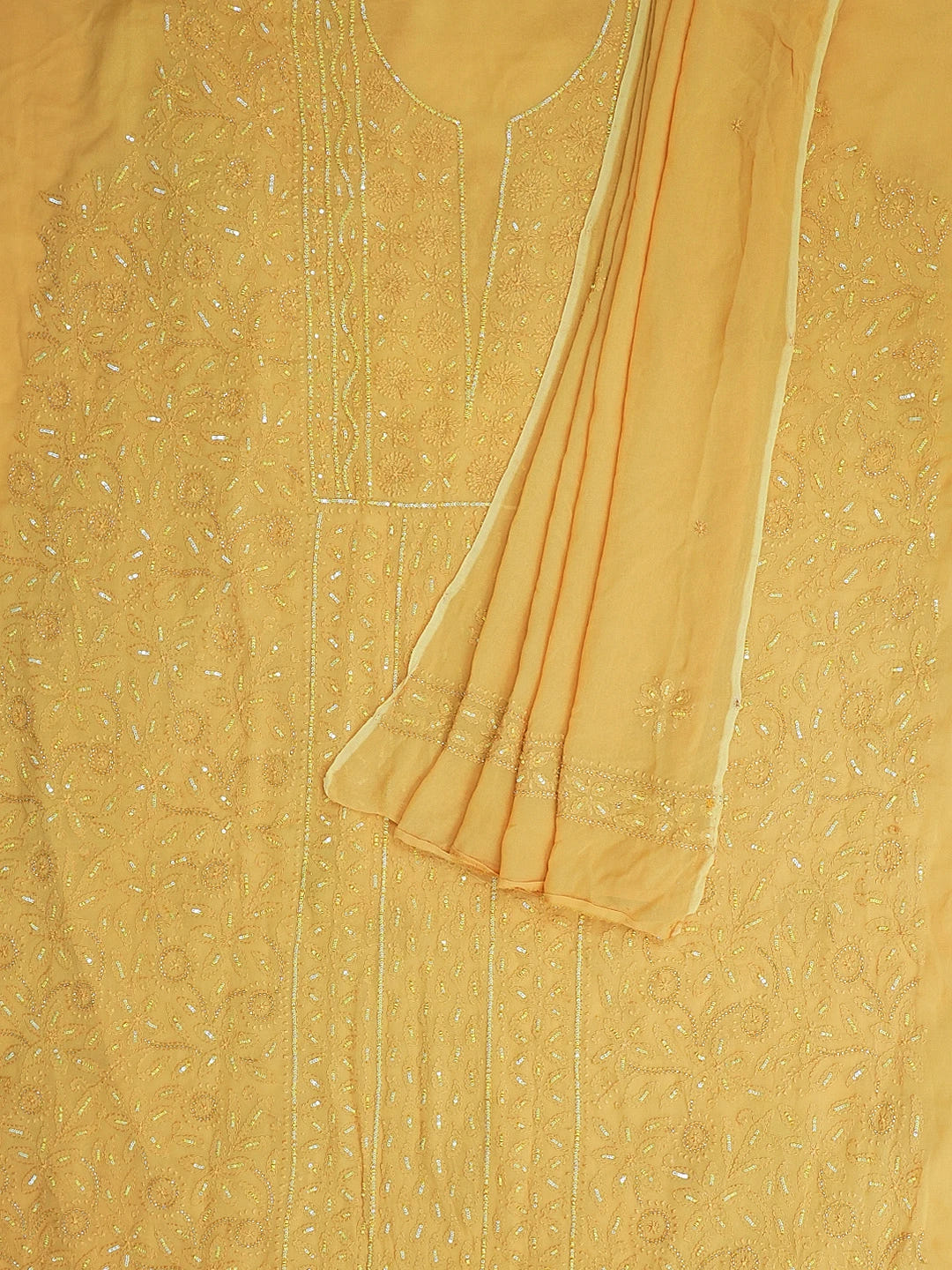 Ada Hand Embroidered Mustard Viscose Georgette Lucknowi Chikankari Unstitched Kurta Dupatta Set With Sequinned Work 01A594221