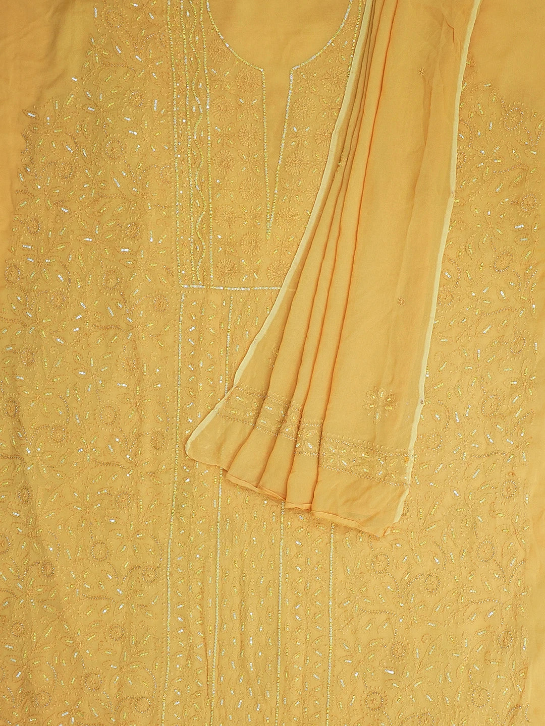 Ada Hand Embroidered Mustard Viscose Georgette Lucknowi Chikankari Unstitched Kurta Dupatta Set With Sequinned Work 01A594221