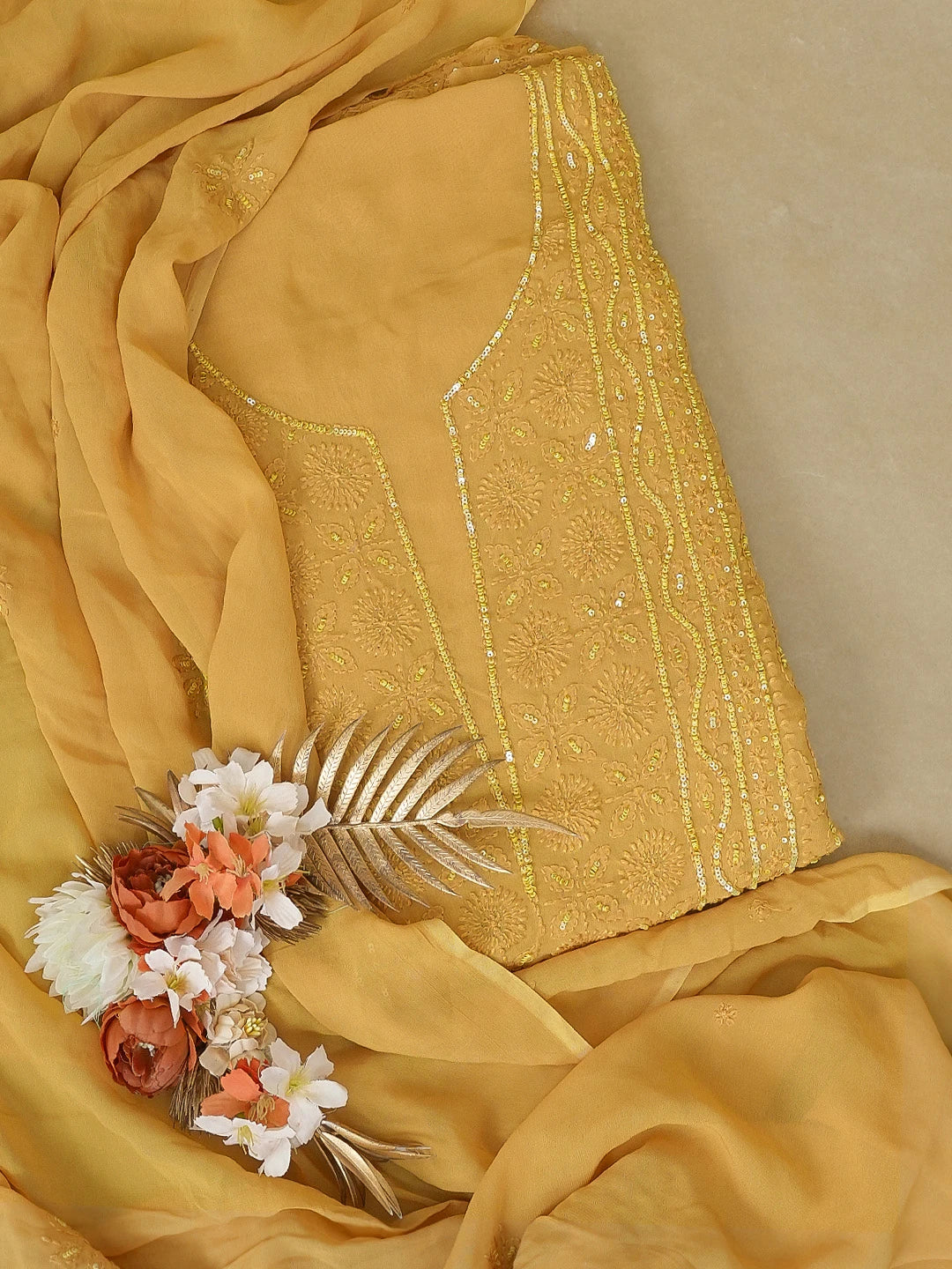 Ada Hand Embroidered Mustard Viscose Georgette Lucknowi Chikankari Unstitched Kurta Dupatta Set With Sequinned Work 01A594221