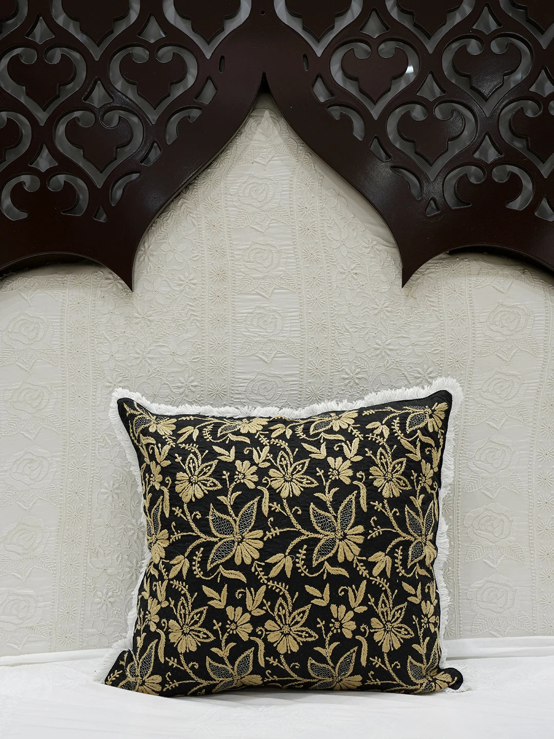 Ada Hand Embroidered Black Cotton Lucknowi Chikankari Cushion Cover With Zari Work A011116