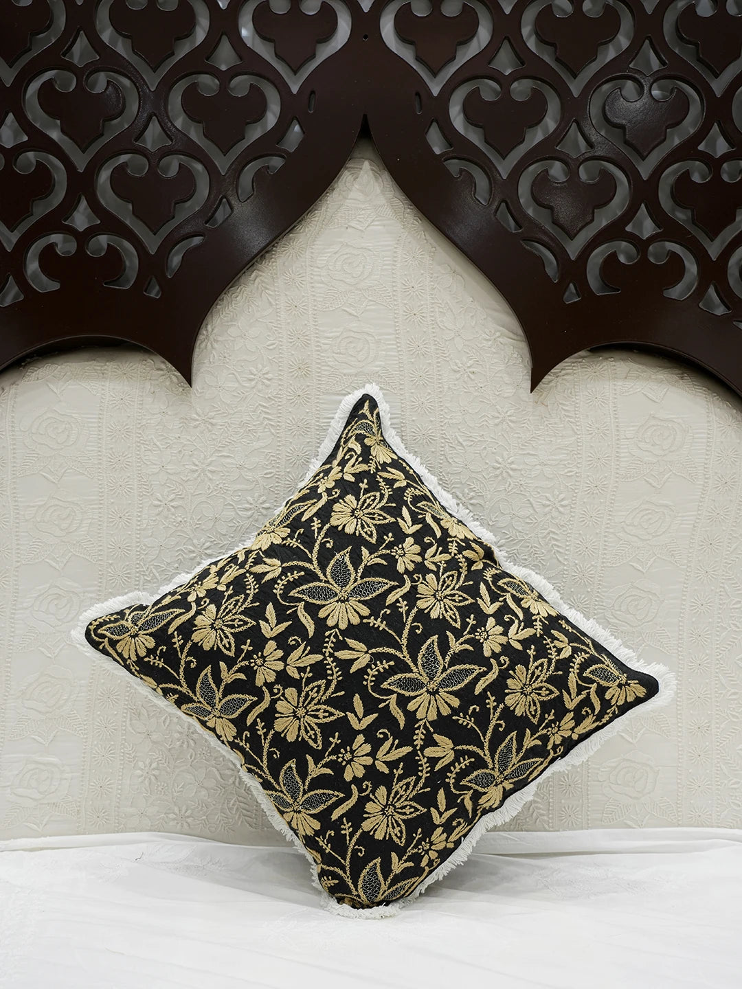 Ada Hand Embroidered Black Cotton Lucknowi Chikankari Cushion Cover With Zari Work A011116