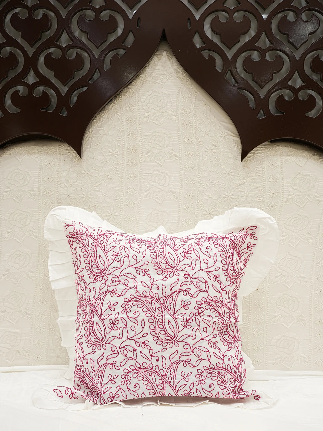 Ada Hand Embroidered White Cotton Lucknowi Chikankari Cushion Cover 01A562896