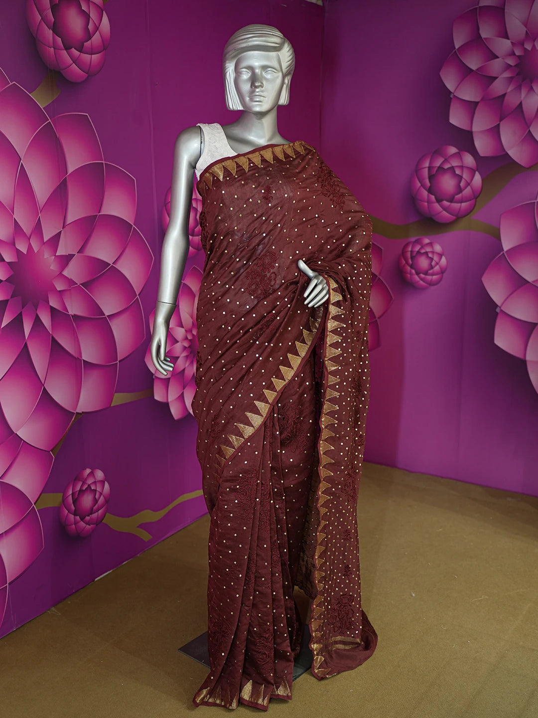 Ada Hand Embroidered Black Bean Brown Chanderi Lucknowi Chikankari Saree/Blouse with Muqaish Work 01A298995