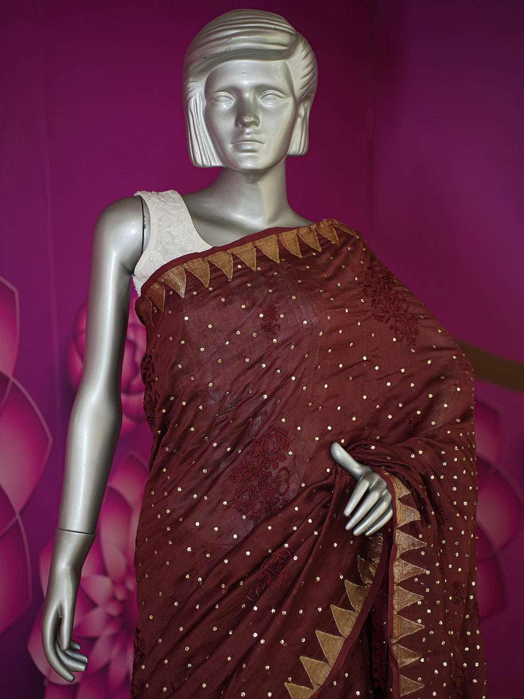 Ada Hand Embroidered Black Bean Brown Chanderi Lucknowi Chikankari Saree/Blouse with Muqaish Work 01A298995