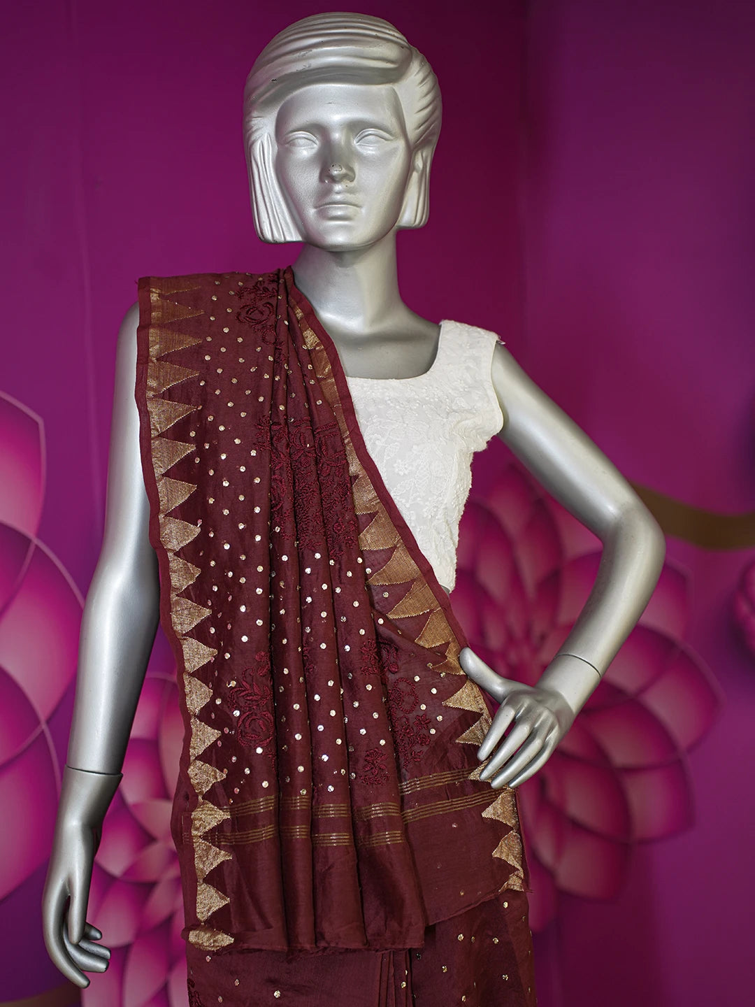Ada Hand Embroidered Black Bean Brown Chanderi Lucknowi Chikankari Saree/Blouse with Muqaish Work 01A298995