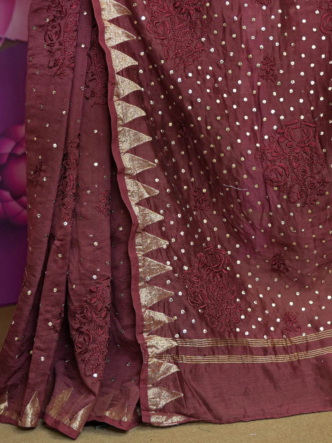Ada Hand Embroidered Black Bean Brown Chanderi Lucknowi Chikankari Saree/Blouse with Muqaish Work 01A298995