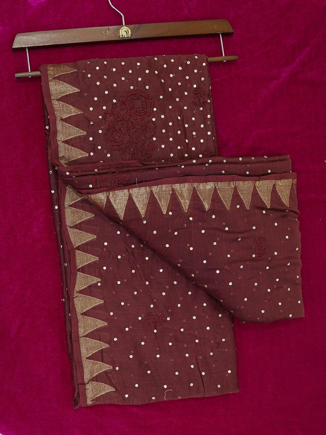Ada Hand Embroidered Black Bean Brown Chanderi Lucknowi Chikankari Saree/Blouse with Muqaish Work 01A298995