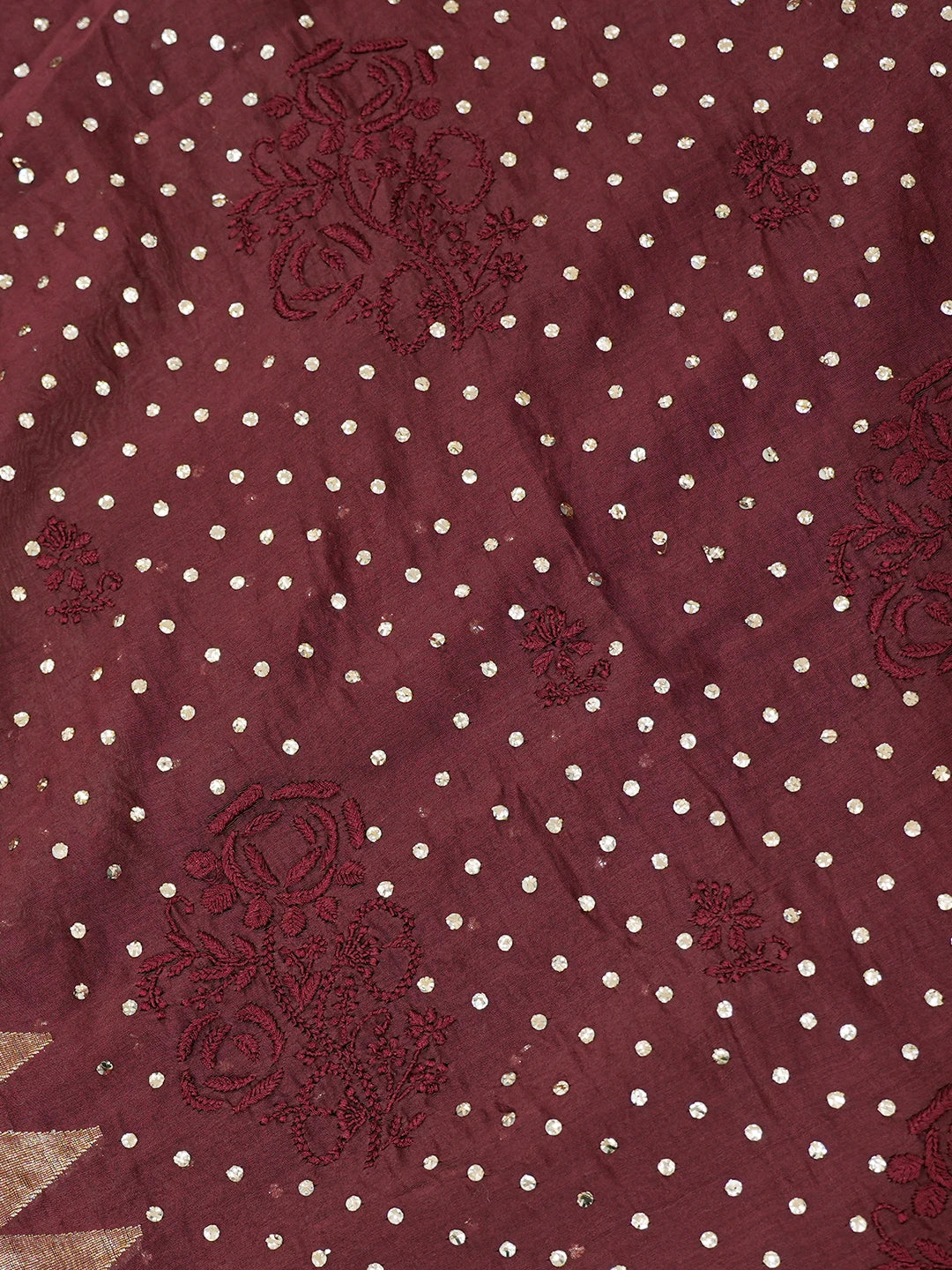 Ada Hand Embroidered Black Bean Brown Chanderi Lucknowi Chikankari Saree/Blouse with Muqaish Work 01A298995