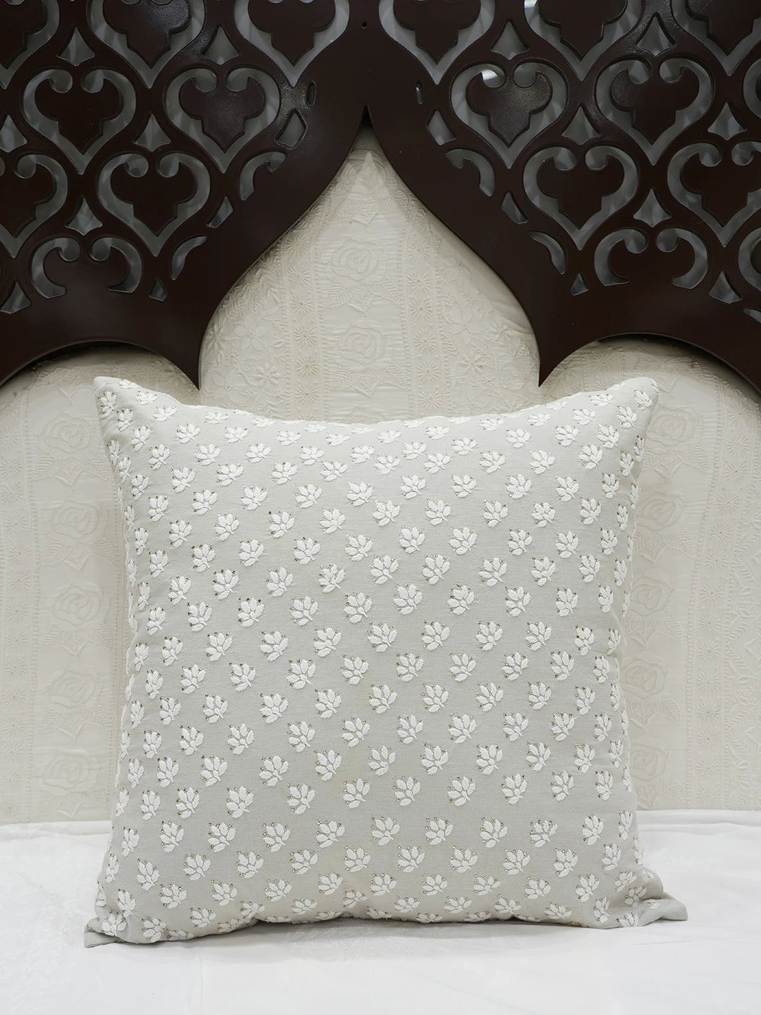 Ada Hand Embroidered Grey Cotton Lucknowi Chikankari Cushion Cover With Muqaish Work A011122