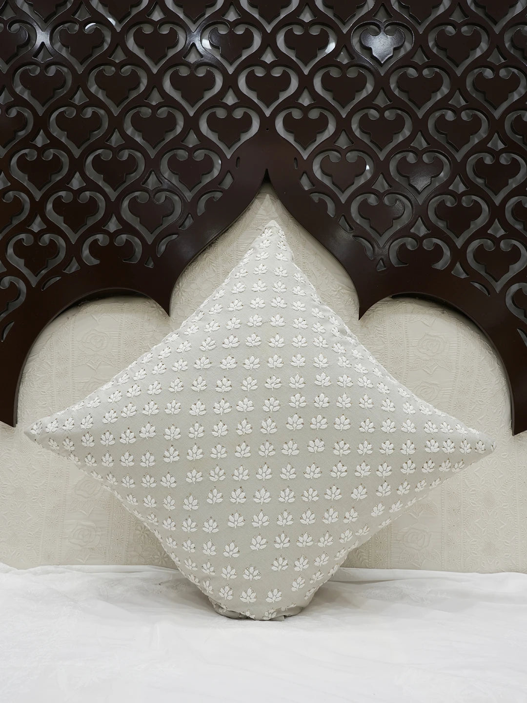 Ada Hand Embroidered Grey Cotton Lucknowi Chikankari Cushion Cover With Muqaish Work A011122