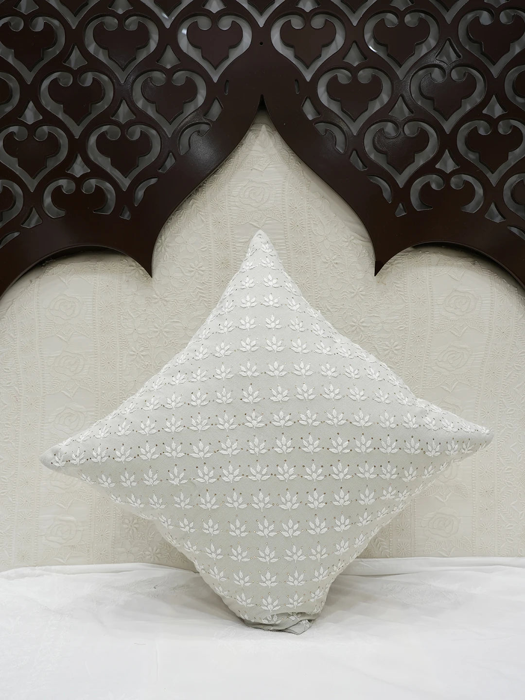 Ada Hand Embroidered Grey Cotton Lucknowi Chikankari Cushion Cover With Muqaish Work A011119