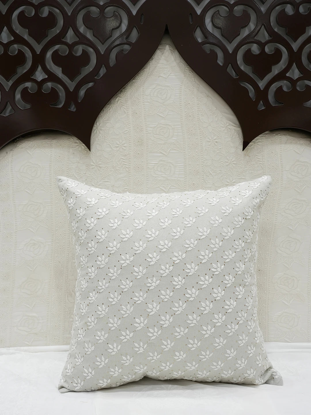 Ada Hand Embroidered Grey Cotton Lucknowi Chikankari Cushion Cover With Muqaish Work A011119