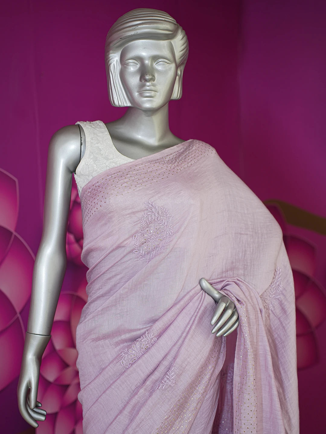 Ada Hand Embroidered Opera Mauve Chanderi Lucknowi Chikankari Saree/Blouse with Muqaish Work 01A604862