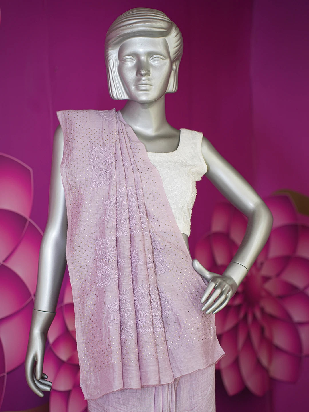 Ada Hand Embroidered Opera Mauve Chanderi Lucknowi Chikankari Saree/Blouse with Muqaish Work 01A604862