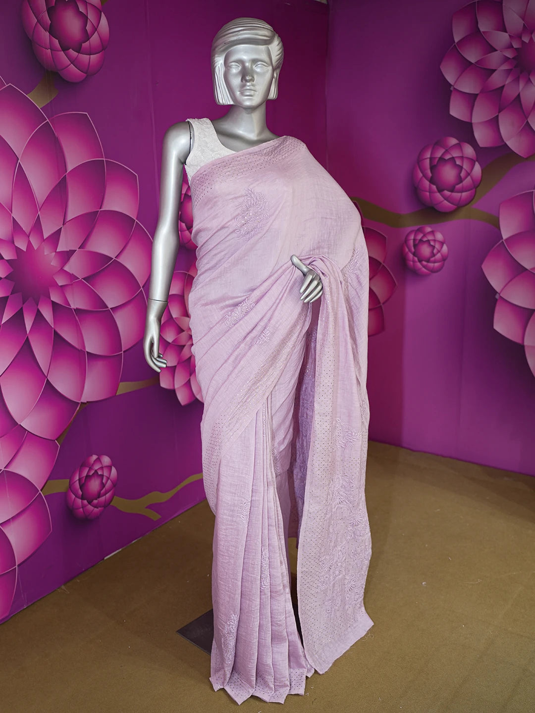 Ada Hand Embroidered Opera Mauve Chanderi Lucknowi Chikankari Saree/Blouse with Muqaish Work 01A604862
