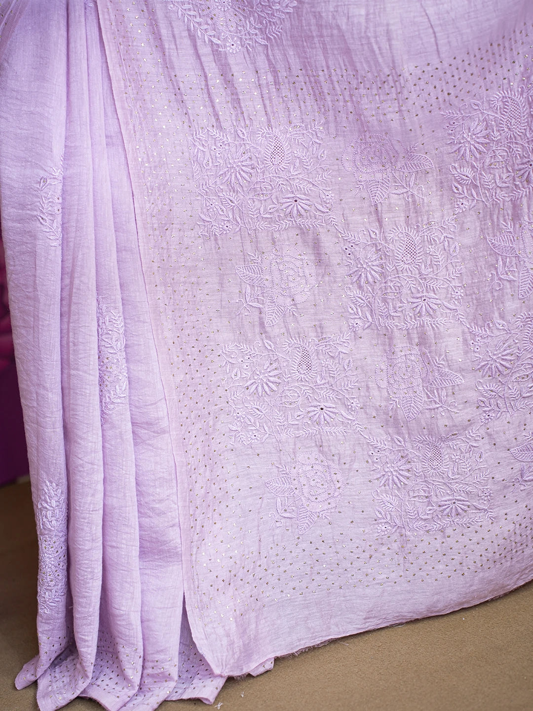 Ada Hand Embroidered Opera Mauve Chanderi Lucknowi Chikankari Saree/Blouse with Muqaish Work 01A604862