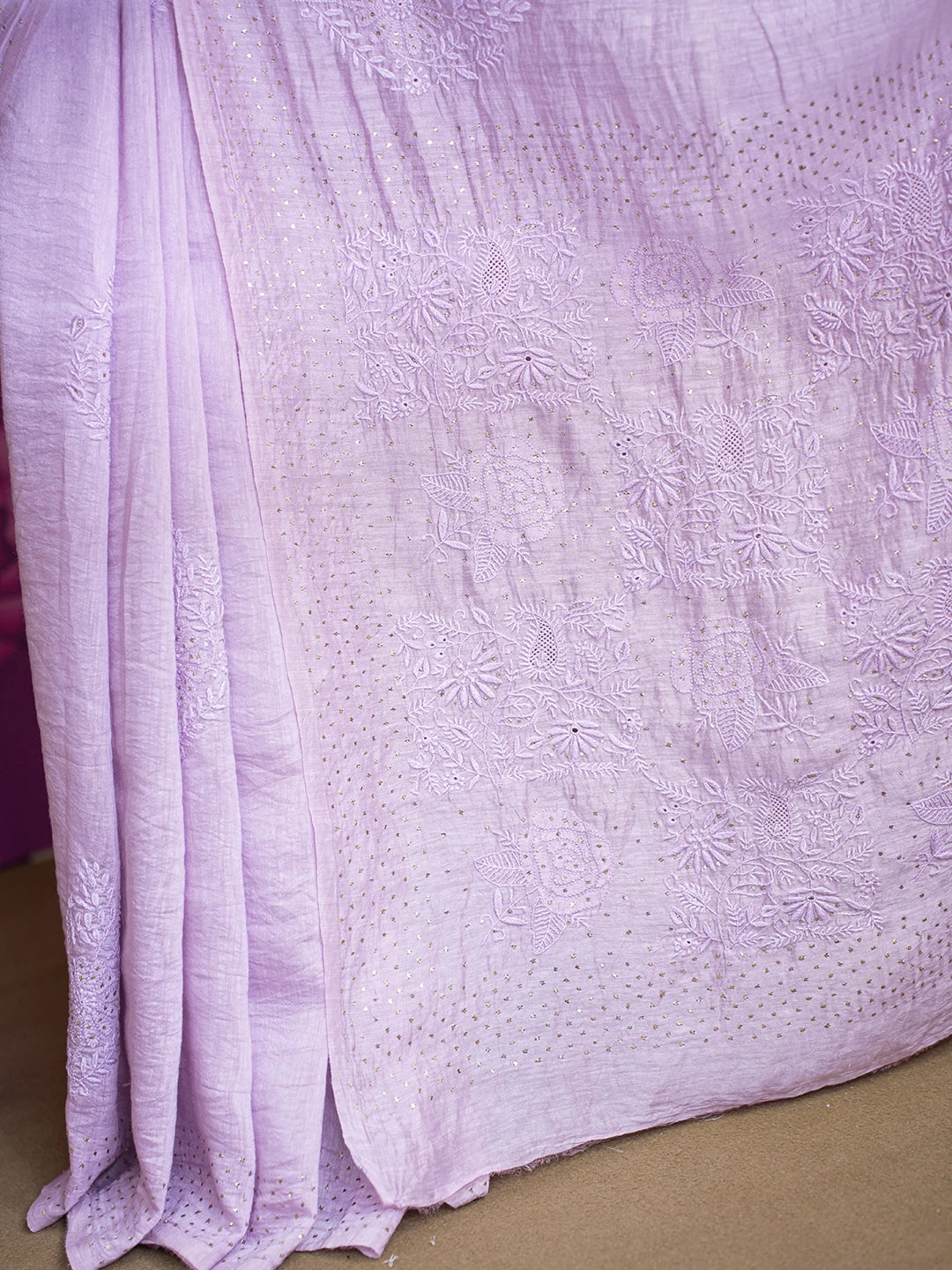 Ada Hand Embroidered Opera Mauve Chanderi Lucknowi Chikankari Saree/Blouse with Muqaish Work 01A604862