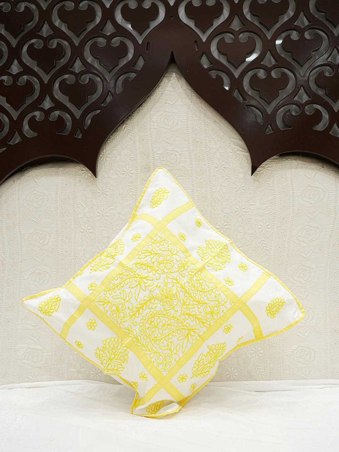 Ada Hand Embroidered White Cotton Lucknowi Chikankari Cushion Cover 01A563072