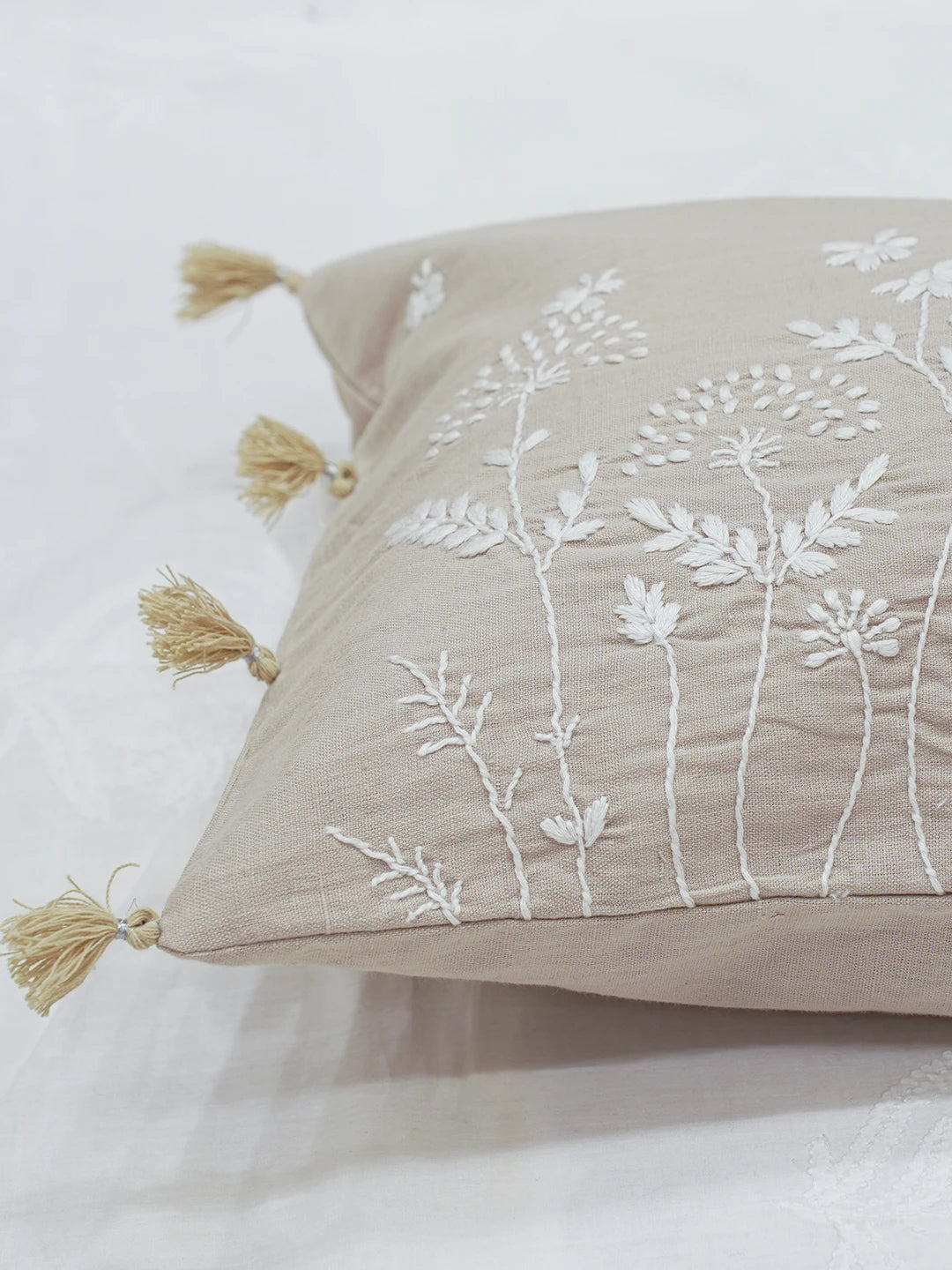 Ada Hand Embroidered Fawn Cotton Lucknowi Chikankari Pillow Cover A011121