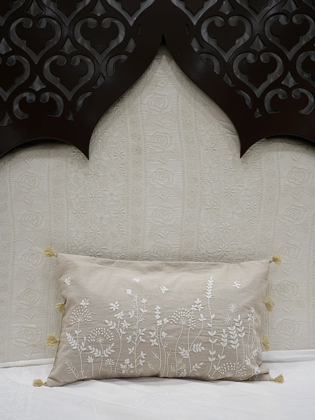 Ada Hand Embroidered Fawn Cotton Lucknowi Chikankari Pillow Cover A011121