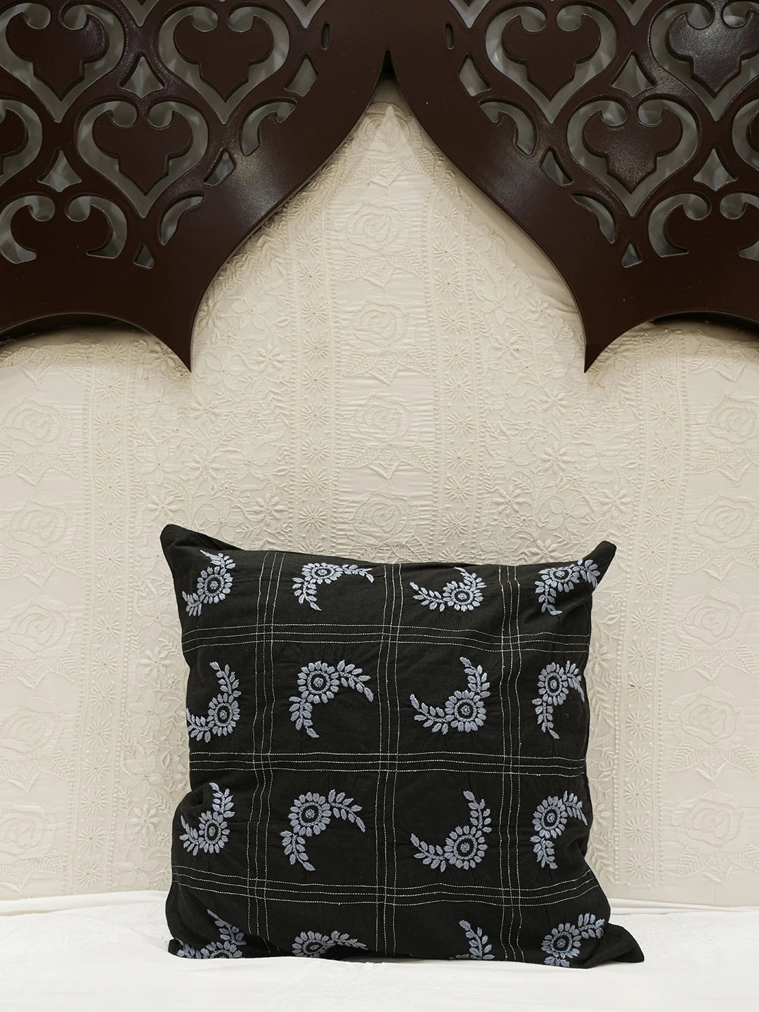 Ada Hand Embroidered Black Cotton Lucknowi Chikankari Cushion Cover With Zari Work 01A452347