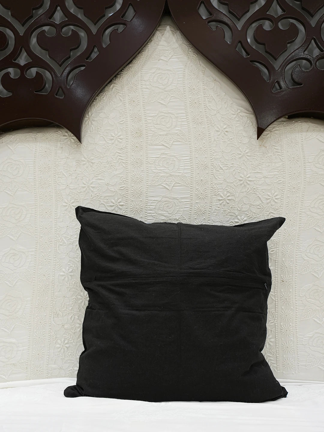 Ada Hand Embroidered Black Cotton Lucknowi Chikankari Cushion Cover With Zari Work 01A452347
