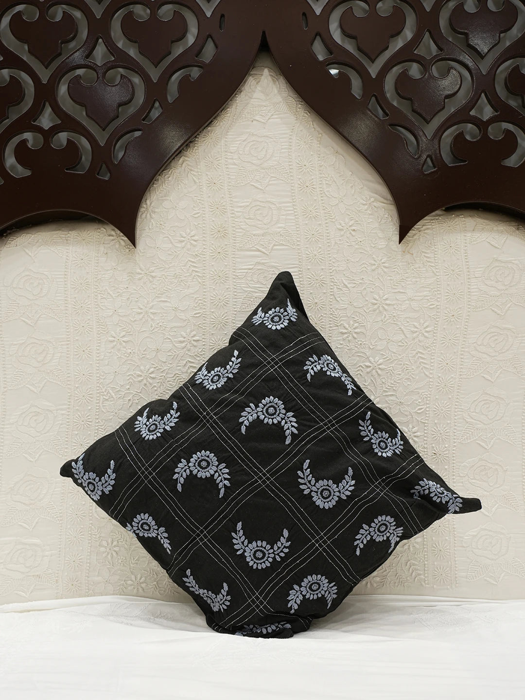 Ada Hand Embroidered Black Cotton Lucknowi Chikankari Cushion Cover With Zari Work 01A452347