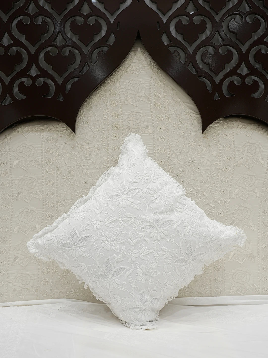 Ada Hand Embroidered White Cotton Lucknowi Chikankari Cushion Cover with Zari Work A011117
