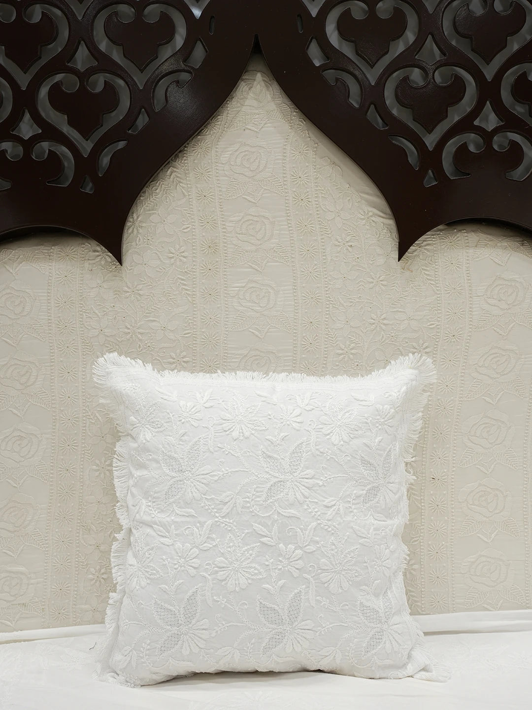 Ada Hand Embroidered White Cotton Lucknowi Chikankari Cushion Cover with Zari Work A011117