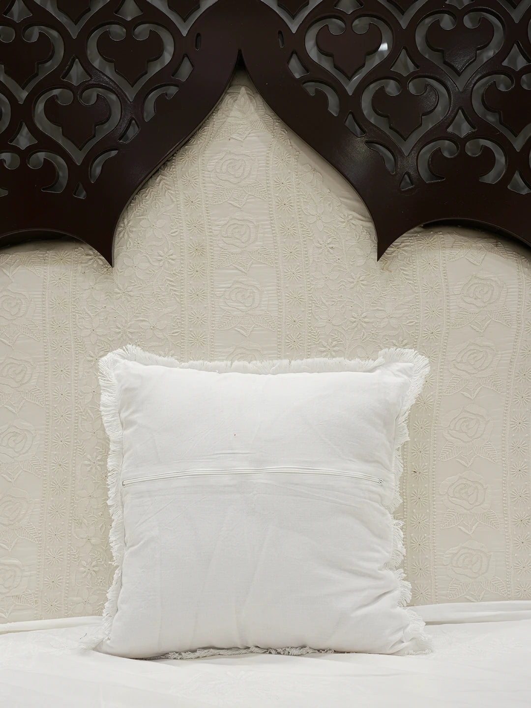 Ada Hand Embroidered White Cotton Lucknowi Chikankari Cushion Cover with Zari Work A011117
