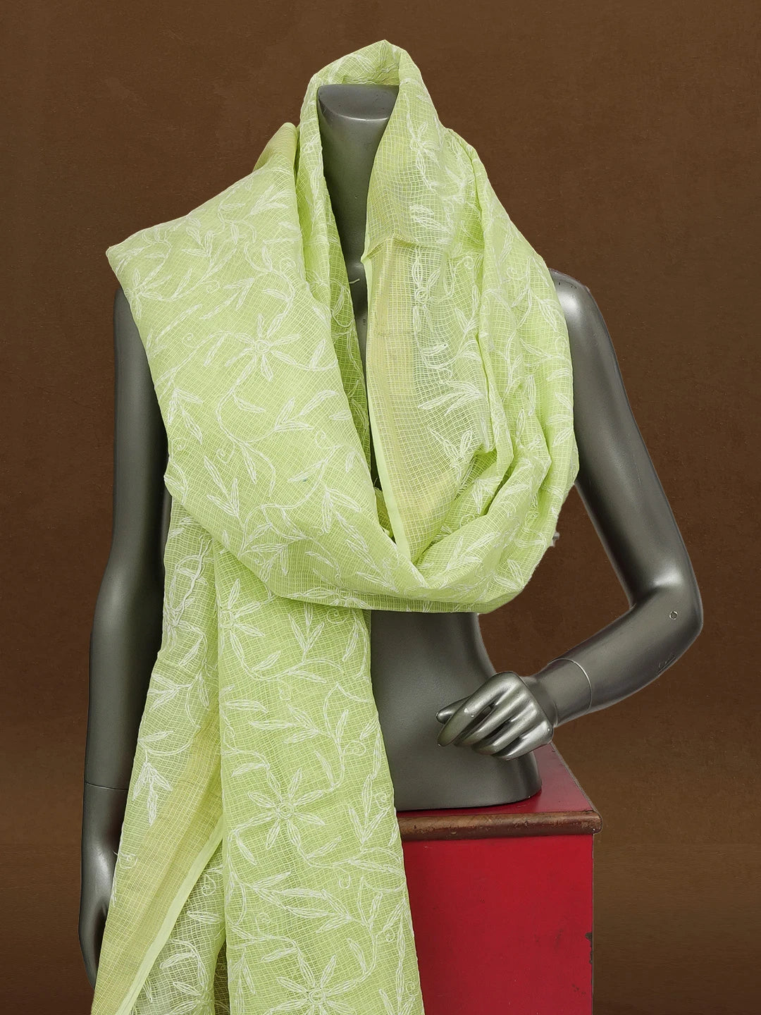 Ada Hand Embroidered Lime Green Kota Lucknowi Chikankari Dupatta 01A610866