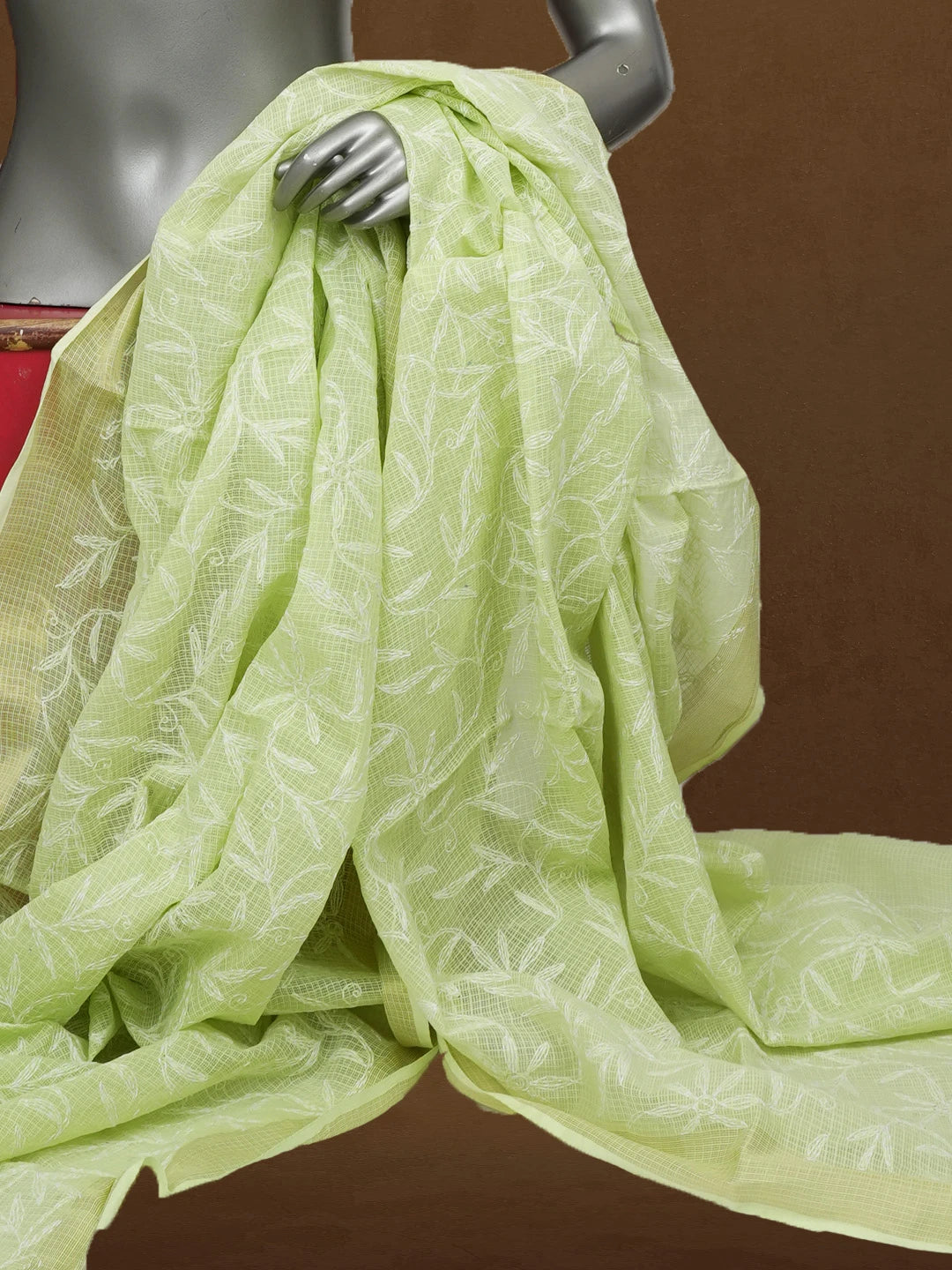 Ada Hand Embroidered Lime Green Kota Lucknowi Chikankari Dupatta 01A610866
