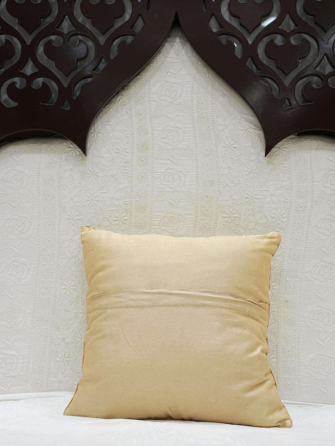 Ada Hand Embroidered Fawn Silk Lucknowi Chikankari Cushion Cover With Pearl Work 01A609903