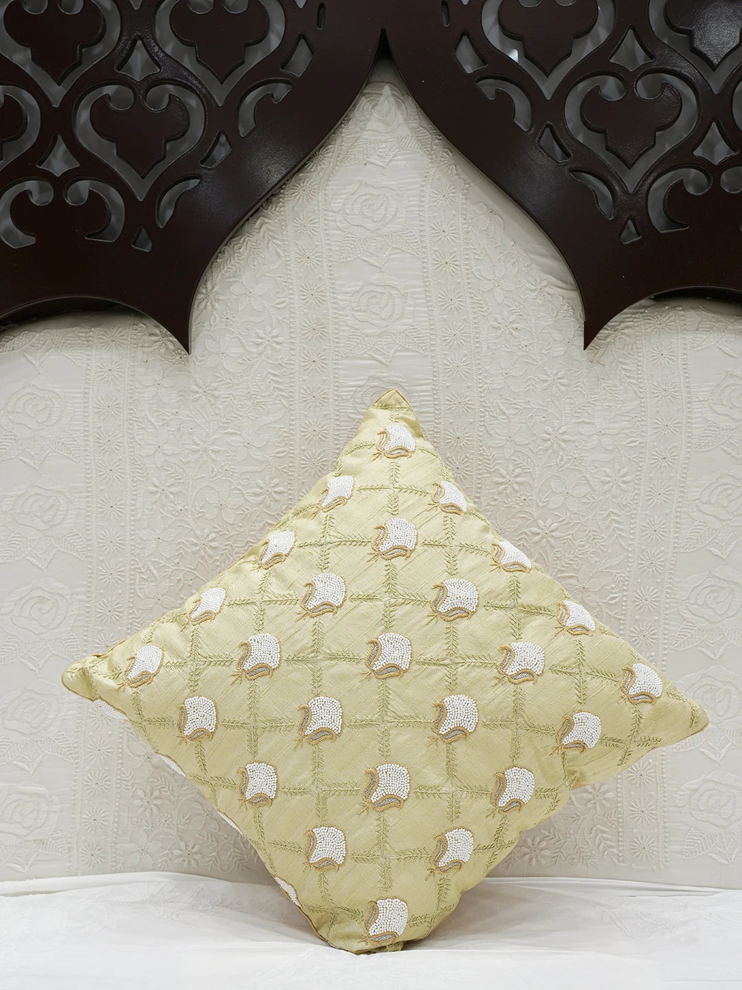 Ada Hand Embroidered Fawn Silk Lucknowi Chikankari Cushion Cover With Pearl Work 01A609903