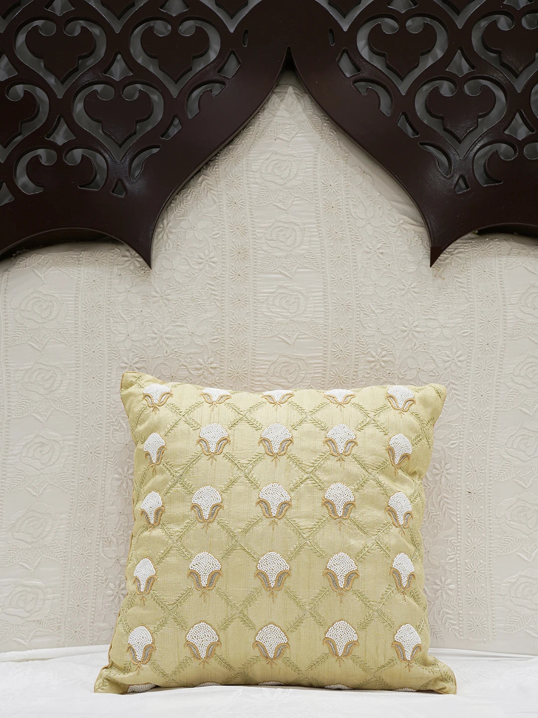 Ada Hand Embroidered Fawn Silk Lucknowi Chikankari Cushion Cover With Pearl Work 01A609903