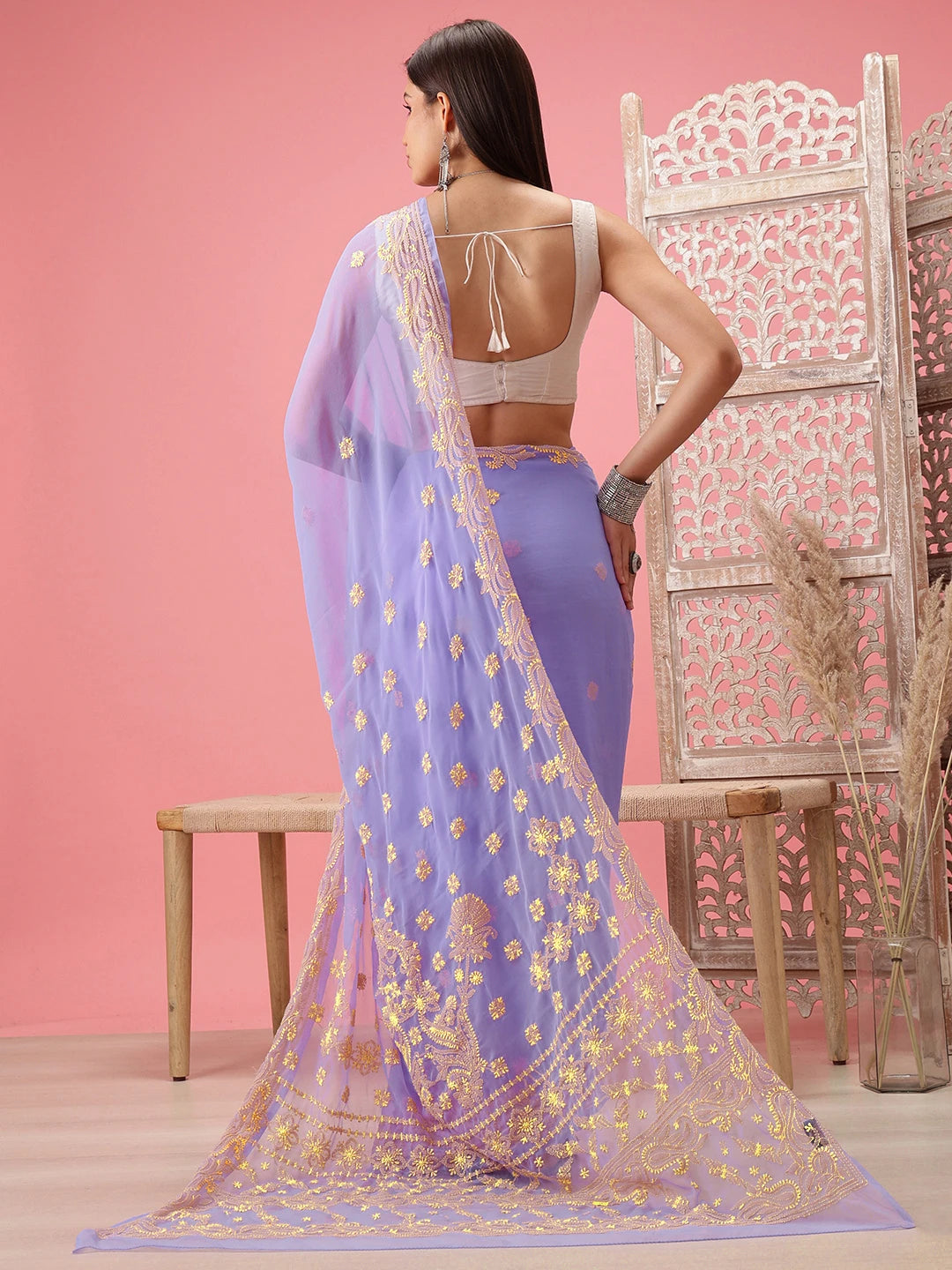 Ada Hand Embroidered Mauve Georgette Lucknowi Chikankari Saree With Blouse A311377