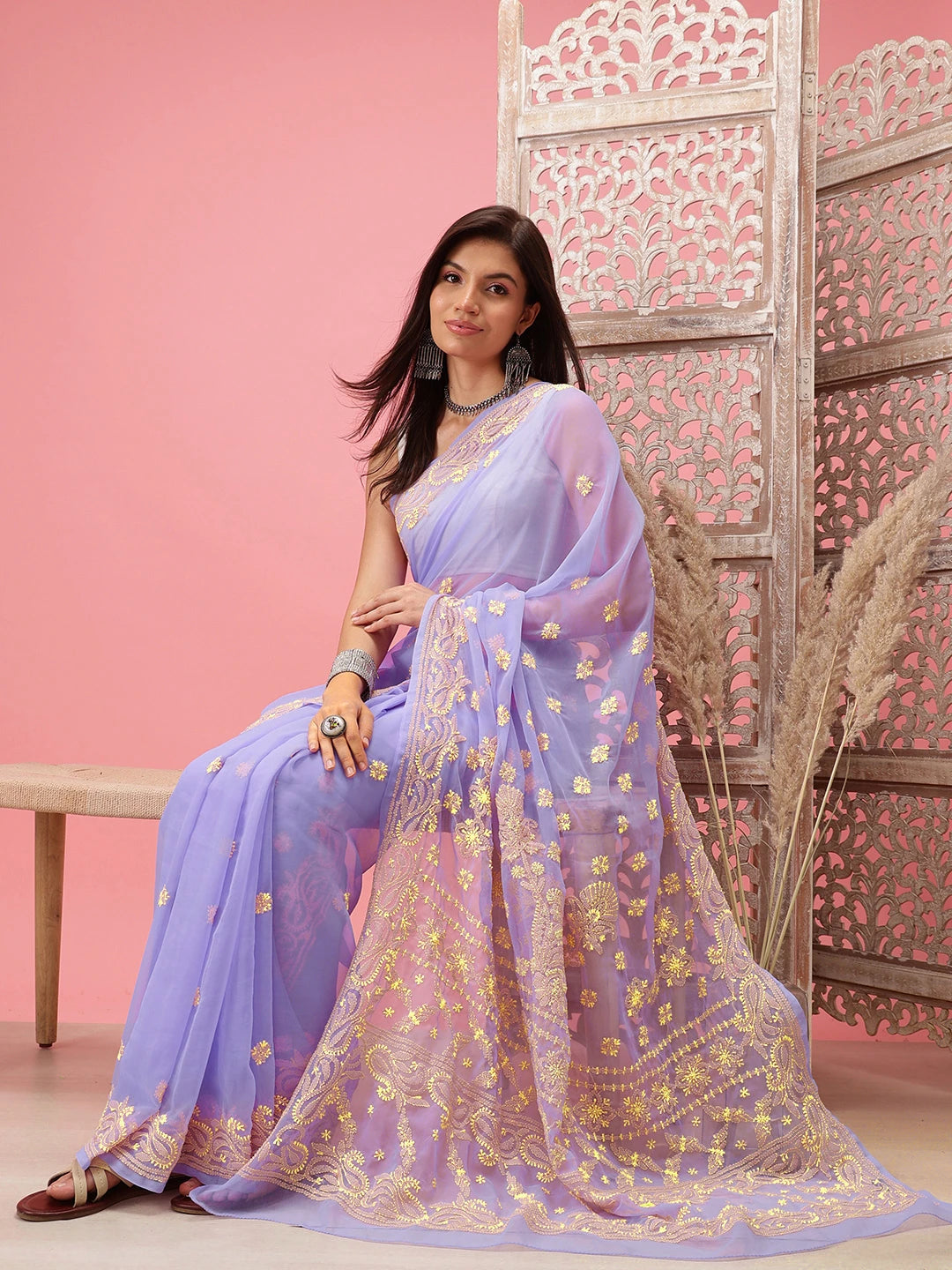 Ada Hand Embroidered Mauve Georgette Lucknowi Chikankari Saree With Blouse A311377
