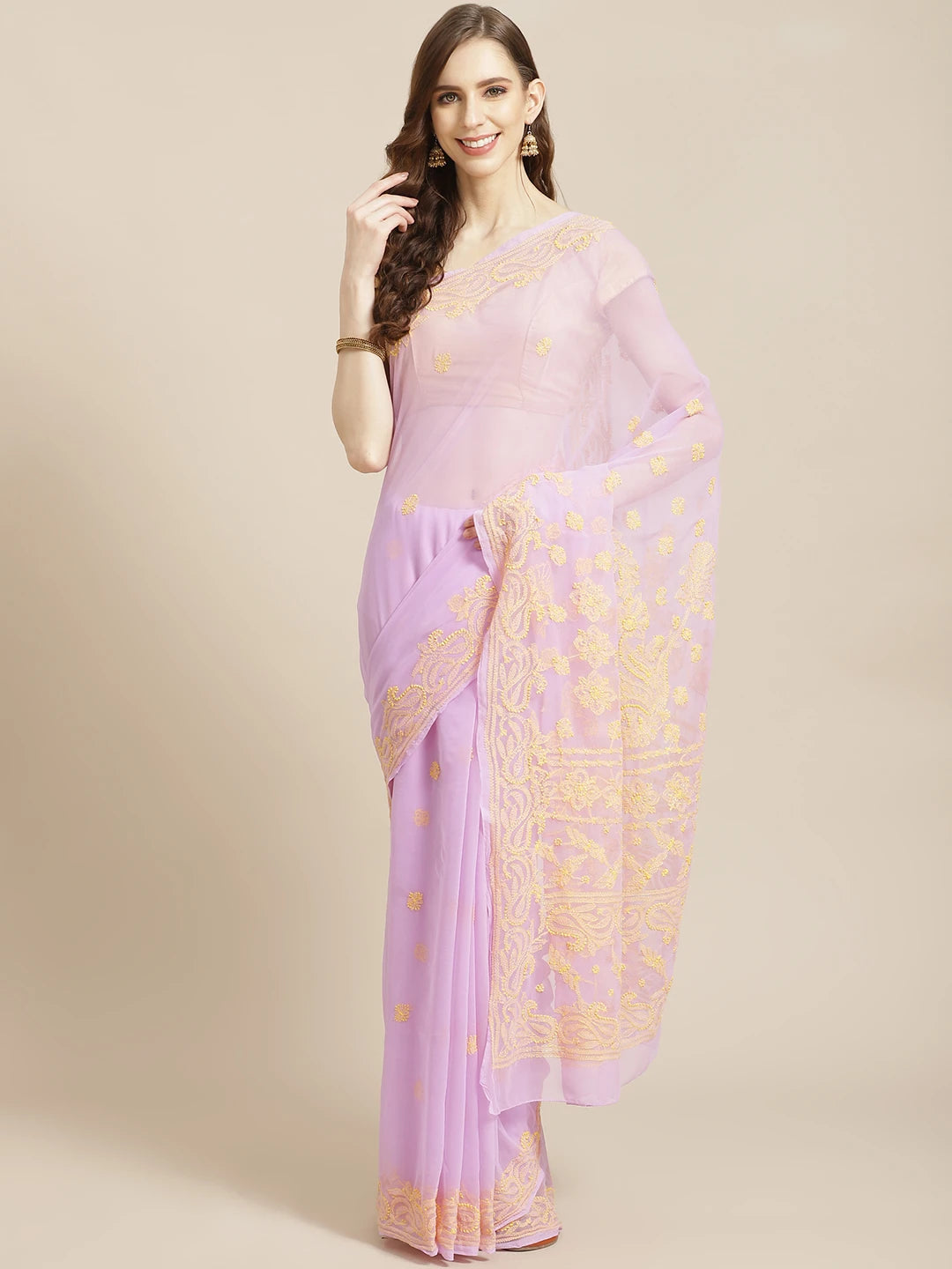 Ada Hand Embroidered Mauve Georgette Lucknowi Chikankari Saree With Blouse A311194