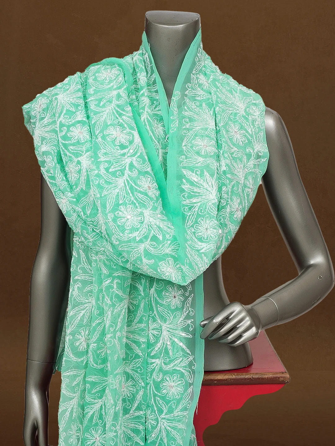 Ada Hand Embroidered Sea Green Georgette Lucknowi Chikankari Dupatta with Mirror and Pearl Work 01A561610