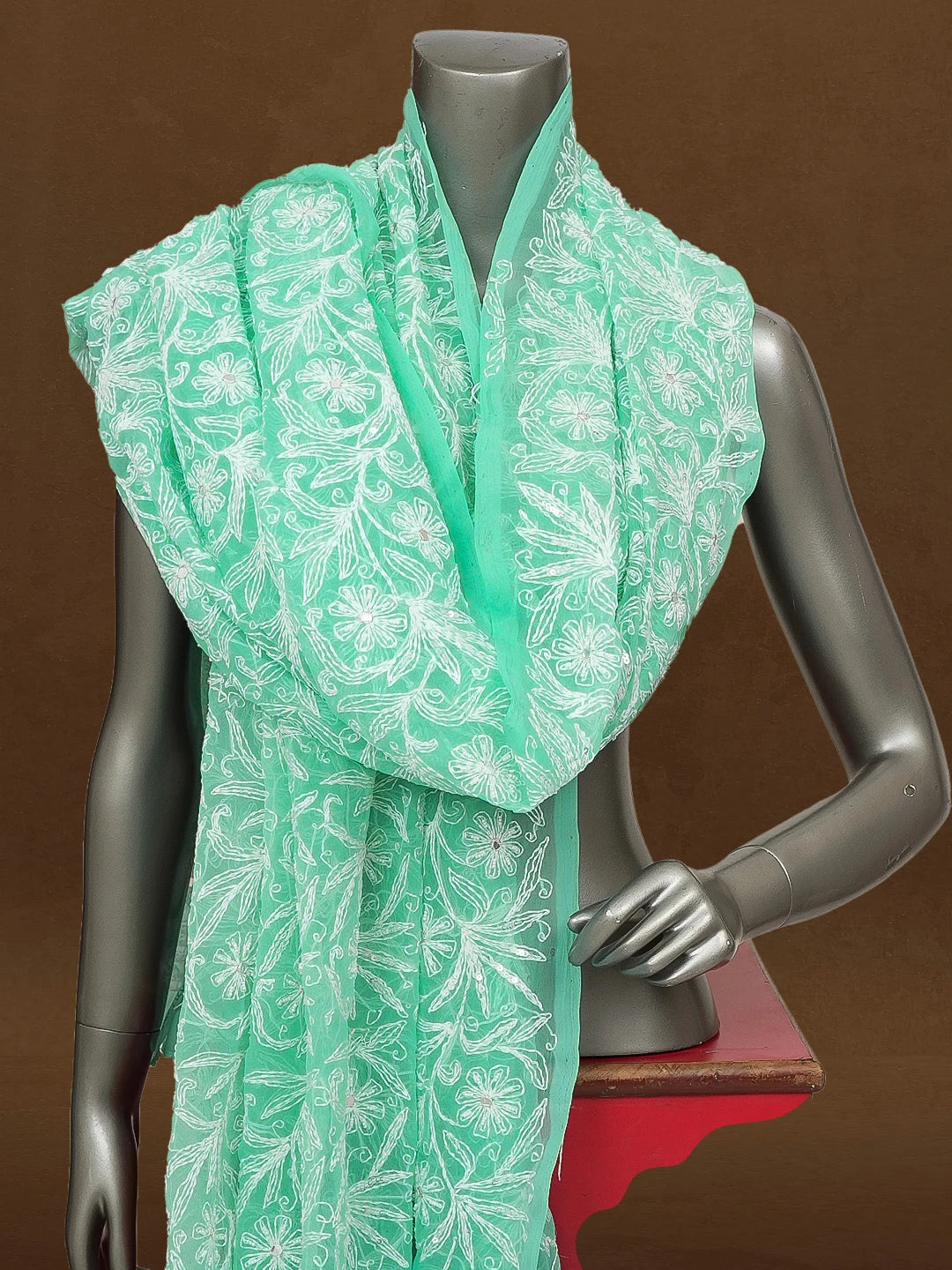 Ada Hand Embroidered Sea Green Georgette Lucknowi Chikankari Dupatta with Mirror and Pearl Work 01A561610