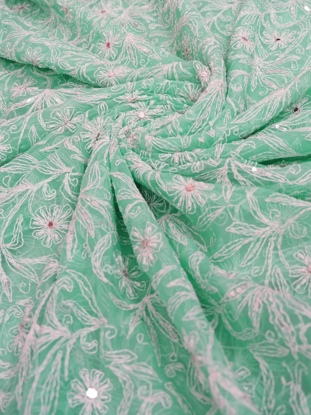 Ada Hand Embroidered Sea Green Georgette Lucknowi Chikankari Dupatta with Mirror and Pearl Work 01A561610