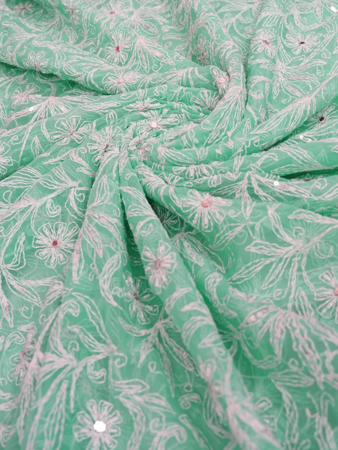 Ada Hand Embroidered Sea Green Georgette Lucknowi Chikankari Dupatta with Mirror and Pearl Work 01A561610