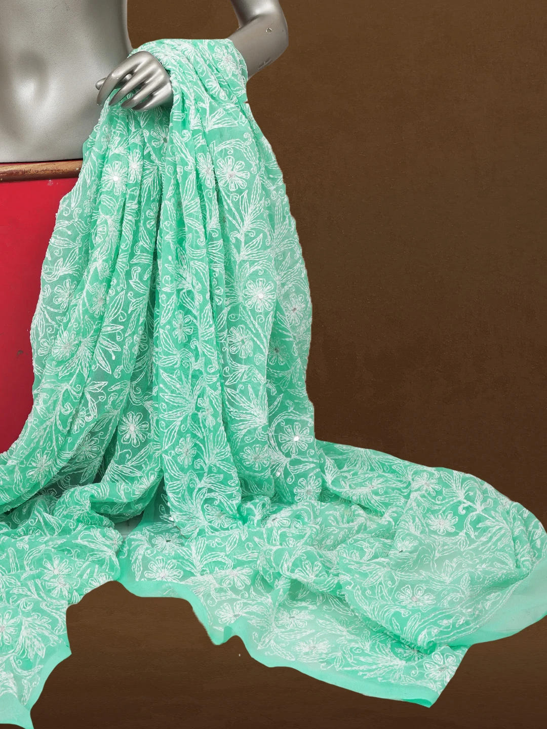 Ada Hand Embroidered Sea Green Georgette Lucknowi Chikankari Dupatta with Mirror and Pearl Work 01A561610