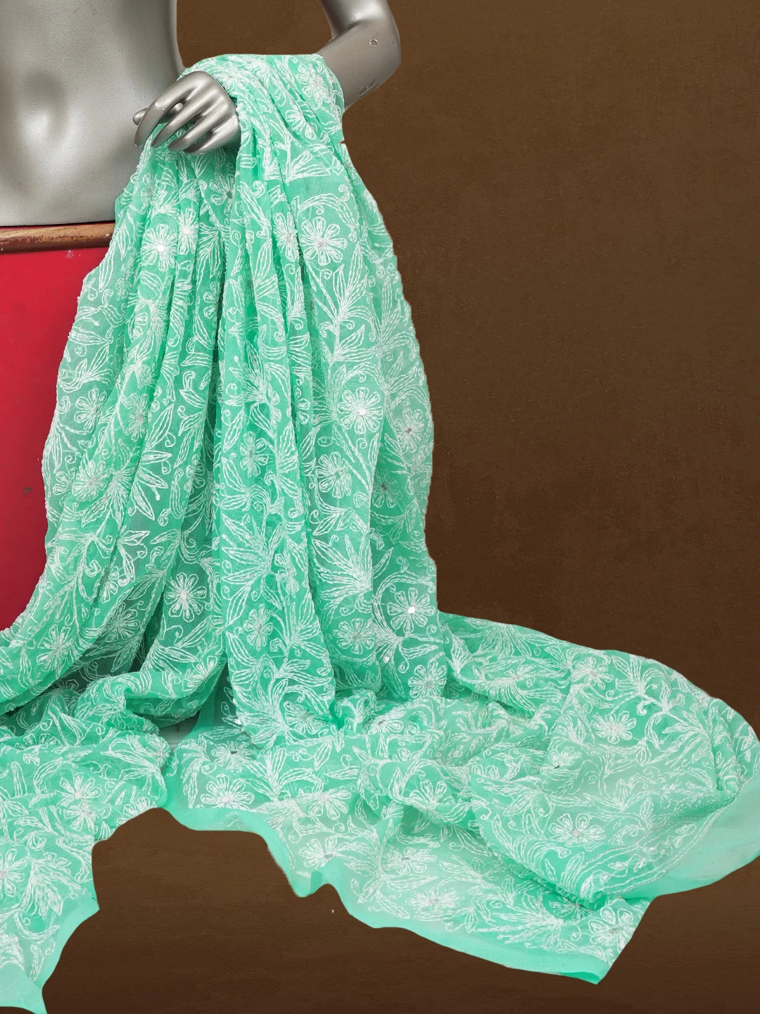 Ada Hand Embroidered Sea Green Georgette Lucknowi Chikankari Dupatta with Mirror and Pearl Work 01A561610