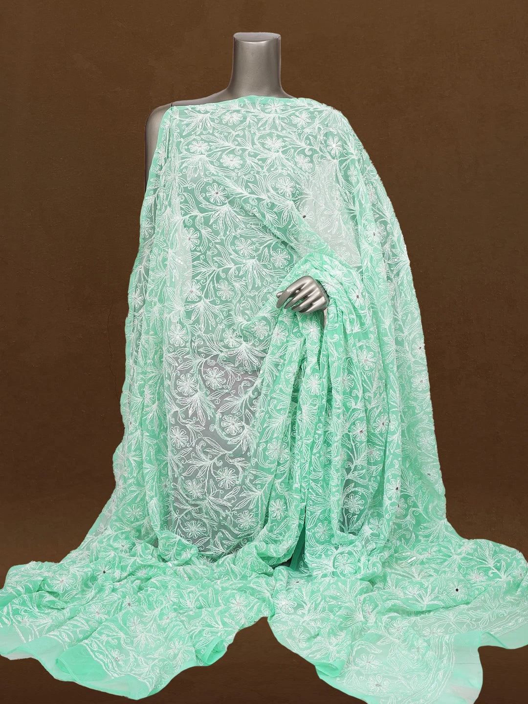 Ada Hand Embroidered Sea Green Georgette Lucknowi Chikankari Dupatta with Mirror and Pearl Work 01A561610