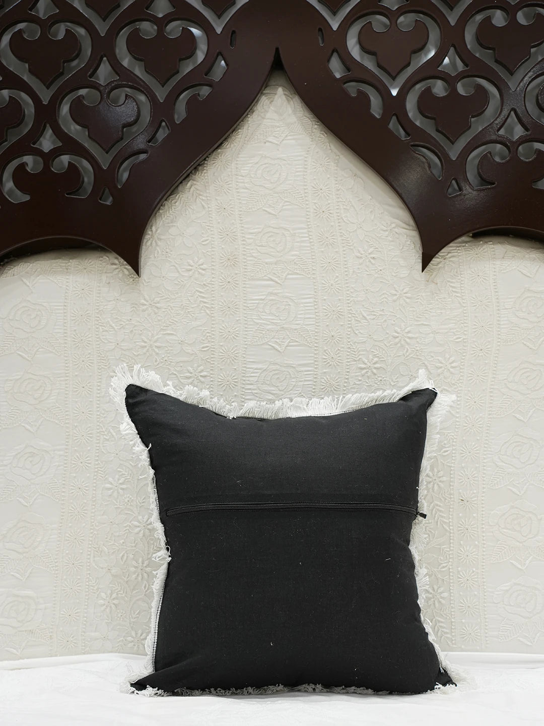 Ada Hand Embroidered Black Cotton Lucknowi Chikankari Cushion Cover With Zari Work 01A572624