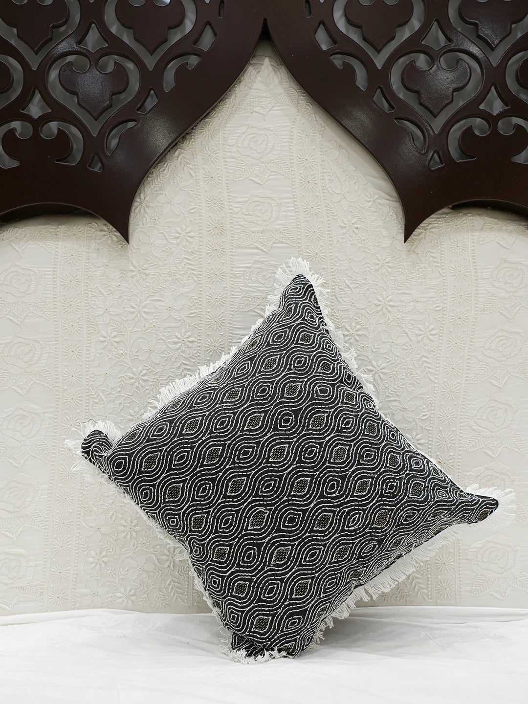 Ada Hand Embroidered Black Cotton Lucknowi Chikankari Cushion Cover With Zari Work 01A572624