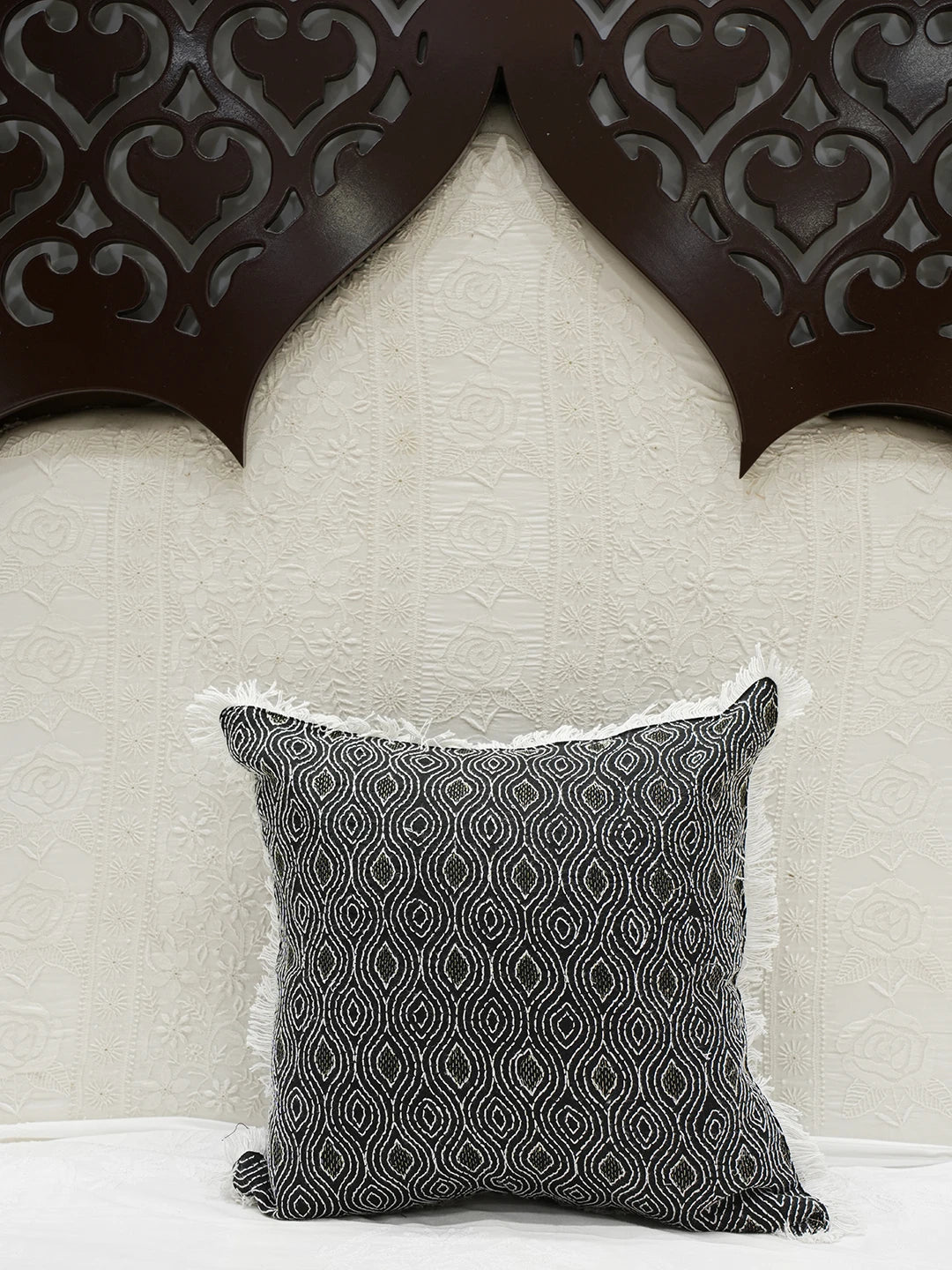 Ada Hand Embroidered Black Cotton Lucknowi Chikankari Cushion Cover With Zari Work 01A572624