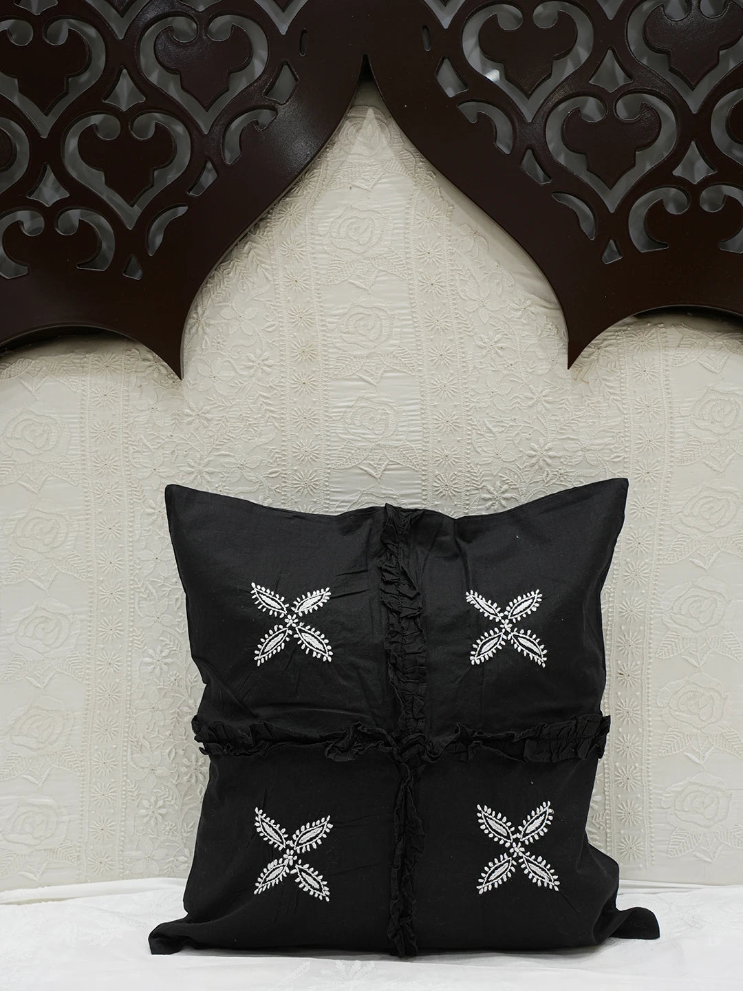 Ada Hand Embroidered Black Cotton Lucknowi Chikankari Cushion Cover 01A540356