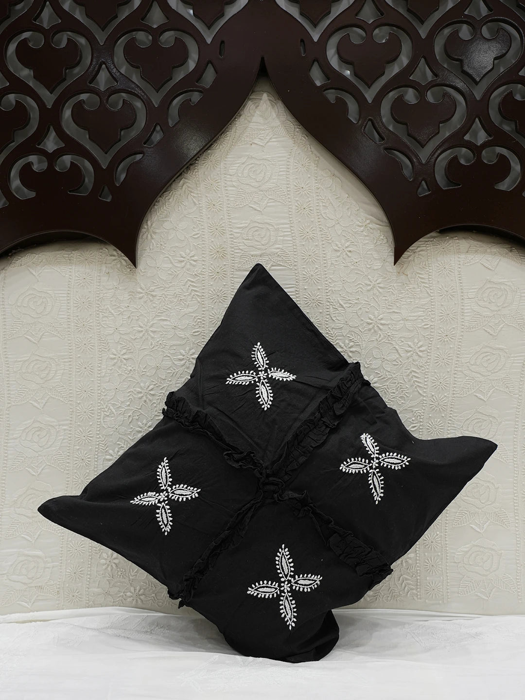 Ada Hand Embroidered Black Cotton Lucknowi Chikankari Cushion Cover 01A540356